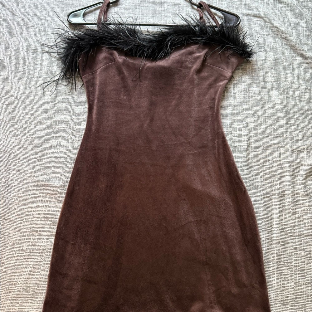 Elegant Brown Feather-Trim Dress